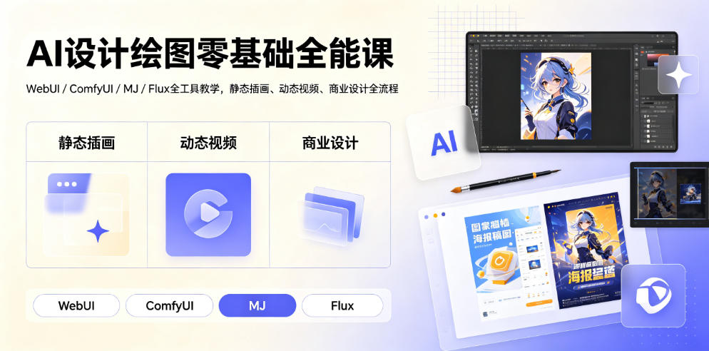 AI设计绘图零基础全能课|WebUI/ComfyUI/MJ/Flux全工具教学,静态插画、动态视频、商业设计全流程网创吧-网创项目资源站-副业项目-创业项目-搞钱项目网创吧