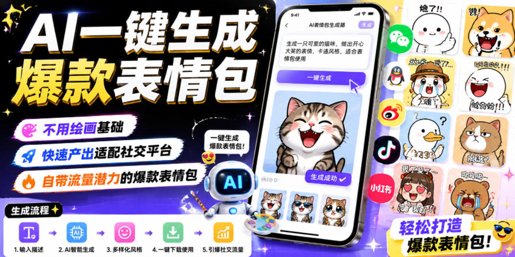 AI一键生成爆款表情包,不用绘画基础,快速产出适配社交平台,自带流量潜力的爆款表情包网创吧-网创项目资源站-副业项目-创业项目-搞钱项目网创吧