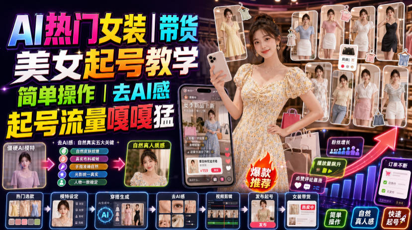 AI热门女装带货丨美女起号教学,简单操作,去AI感,起号流量嘎嘎猛网创吧-网创项目资源站-副业项目-创业项目-搞钱项目网创吧