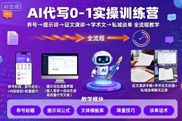 AI代写0-1实操训练营,从养号、提示词、征文演讲、学术文,到私域谈单的全流程教学网创吧-网创项目资源站-副业项目-创业项目-搞钱项目网创吧