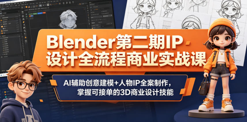 Blender第二期IP设计全流程商业实战课,AI辅助创意建模+人物IP全案制作,掌握可接单的3D商业设计技能网创吧-网创项目资源站-副业项目-创业项目-搞钱项目网创吧