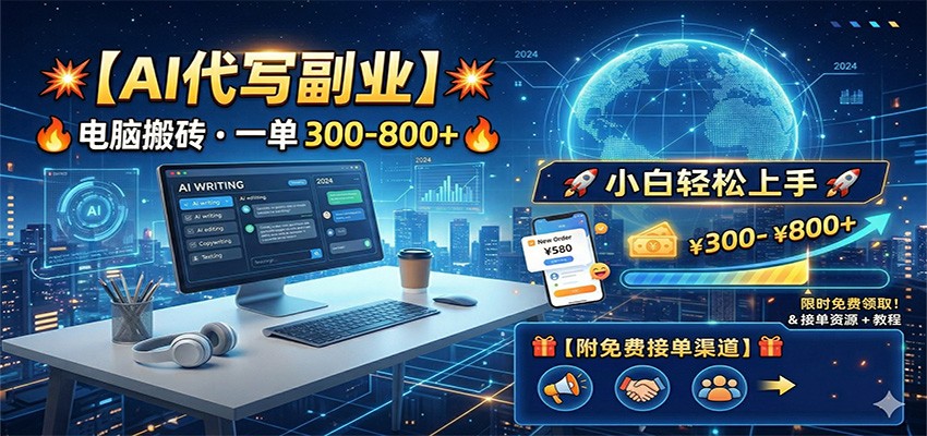 AI代写副业，电脑搬砖，一单300-800+，小白轻松上手，附免费接单渠道网创吧-网创项目资源站-副业项目-创业项目-搞钱项目网创吧