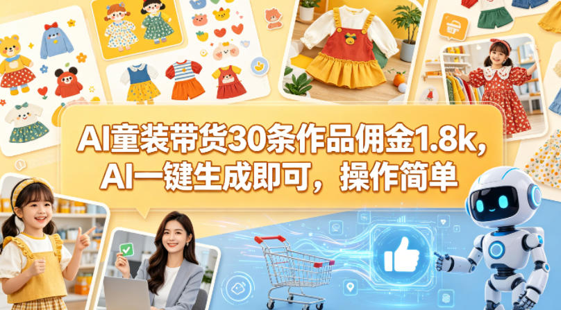 AI童装带货30条作品佣金1.8k,AI一键生成即可,操作简单网创吧-网创项目资源站-副业项目-创业项目-搞钱项目网创吧