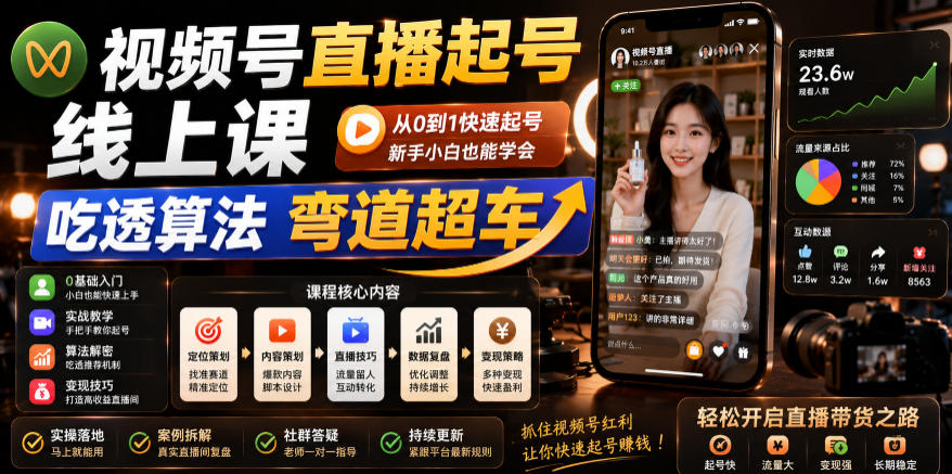 视频号直播起号线上课,吃透算法弯道超车(2026年6月)网创吧-网创项目资源站-副业项目-创业项目-搞钱项目网创吧
