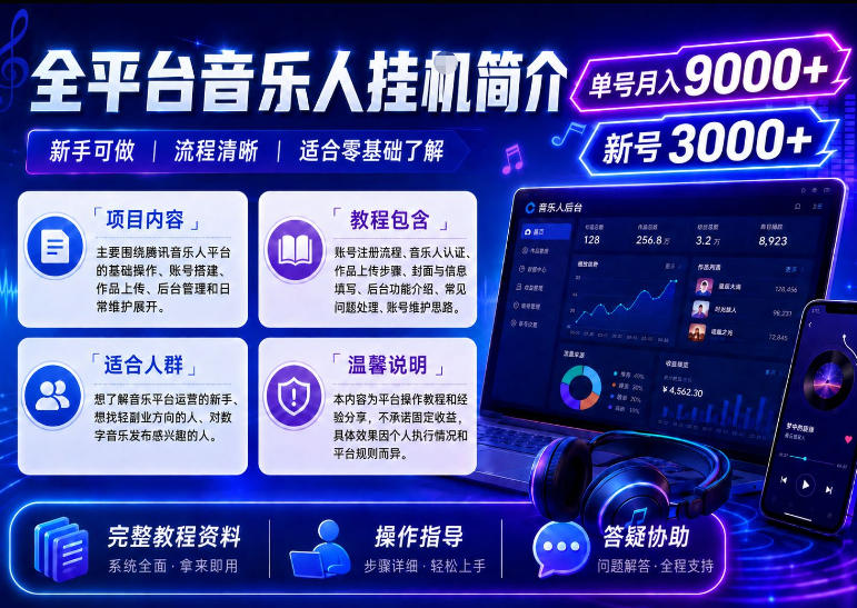全平台音乐类挂G，单机单号月入9000+，可矩阵，可工作室放大操作【揭秘】网创吧-网创项目资源站-副业项目-创业项目-搞钱项目网创吧