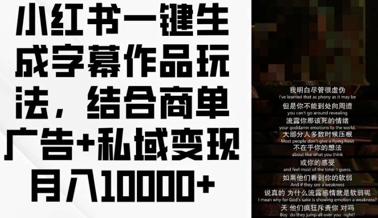 小红书一键生成字幕作品玩法，结合商单广告+私域变现月入1w+【揭秘】网创吧-网创项目资源站-副业项目-创业项目-搞钱项目网创吧
