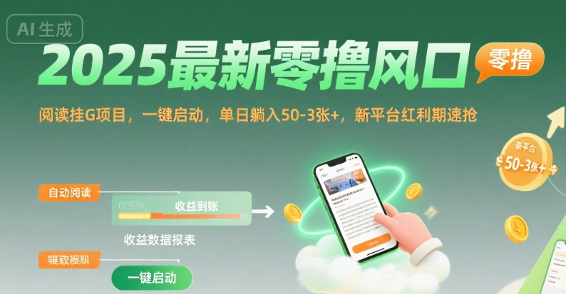 2025最新零撸风口,阅读挂G项目,一键启动,单日躺入 50-3张+,新平台红利期速抢【揭秘】网创吧-网创项目资源站-副业项目-创业项目-搞钱项目网创吧