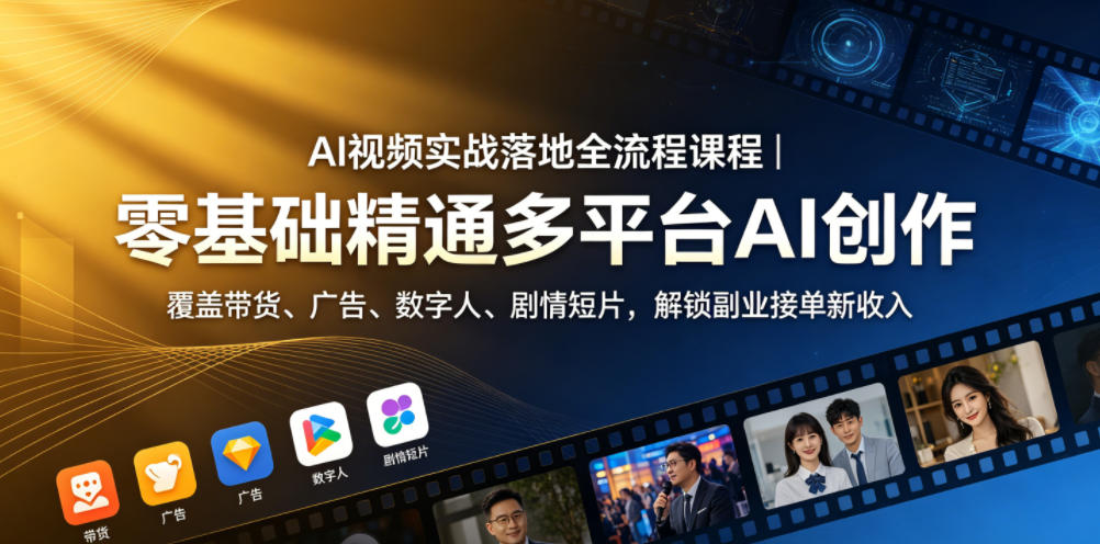 AI视频实战落地全流程课程|零基础精通多平台AI创作,覆盖带货、广告、数字人、剧情短片,解锁副业接单新收入网创吧-网创项目资源站-副业项目-创业项目-搞钱项目网创吧