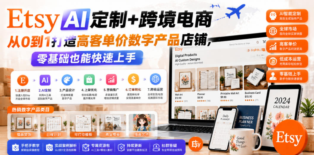 Etsy AI定制+跨境电商,从0到1打造高客单价数字产品店铺,零基础也能快速上手网创吧-网创项目资源站-副业项目-创业项目-搞钱项目网创吧