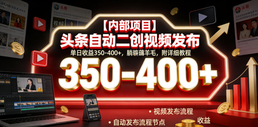 【内部项目】头条自动二创视频发布，单日收益350-400+，躺賺薅羊毛，附详细教程【揭秘】网创吧-网创项目资源站-副业项目-创业项目-搞钱项目网创吧