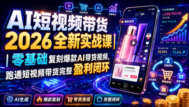 AI短视频带货2026全新实战课｜零基础复刻爆款AI带货视频，跑通短视频带货完整盈利闭环网创吧-网创项目资源站-副业项目-创业项目-搞钱项目网创吧