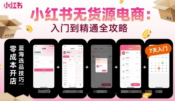 小红书无货源电商，入门到精通，开店+选品+笔记+剪辑+赛道+内容网创吧-网创项目资源站-副业项目-创业项目-搞钱项目网创吧