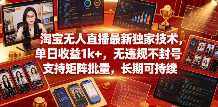 淘宝无人直播最新独家技术,单日收益1k+,无违规不封号,支持矩阵批量,长期可持续【揭秘】网创吧-网创项目资源站-副业项目-创业项目-搞钱项目网创吧