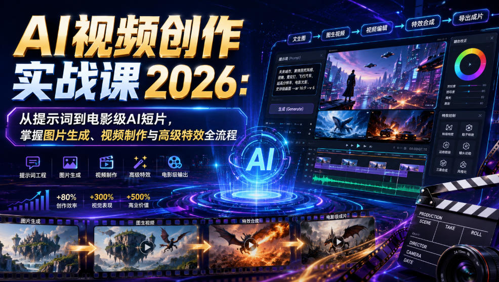 AI视频创作实战课2026:从提示词到电影级AI短片,掌握图片生成、视频制作与高级特效全流程网创吧-网创项目资源站-副业项目-创业项目-搞钱项目网创吧