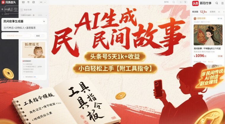 AI生成民间故事,头条号5天1k+,小白轻松上手【附工具指令】网创吧-网创项目资源站-副业项目-创业项目-搞钱项目网创吧