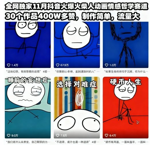 全网独家11月抖音火爆火柴人动画情感哲学赛道,30个作品400W多赞,制作简单,流量大【教学+素材】网创吧-网创项目资源站-副业项目-创业项目-搞钱项目网创吧