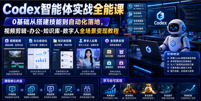 Codex智能体实战全能课|0基础从搭建技能到自动化落地,视频剪辑-办公-知识库-数字人全场景变现教程网创吧-网创项目资源站-副业项目-创业项目-搞钱项目网创吧