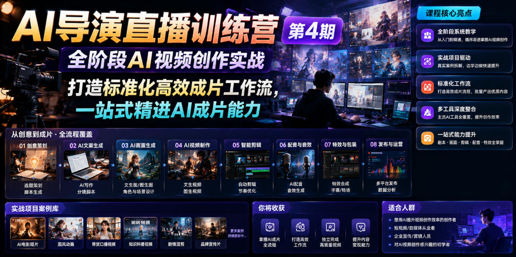AI导演直播训练营第4期|全阶段AI视频创作实战,打造标准化高效成片工作流,一站式精进AI成片能力网创吧-网创项目资源站-副业项目-创业项目-搞钱项目网创吧