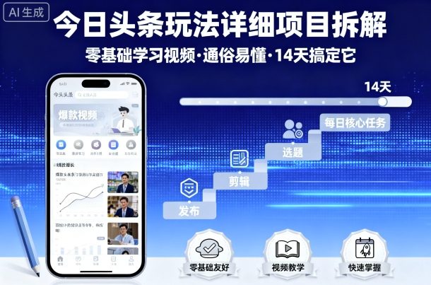 今日头条玩法详细项目拆解，零基础学习视频 通俗易懂 14天搞定它网创吧-网创项目资源站-副业项目-创业项目-搞钱项目网创吧