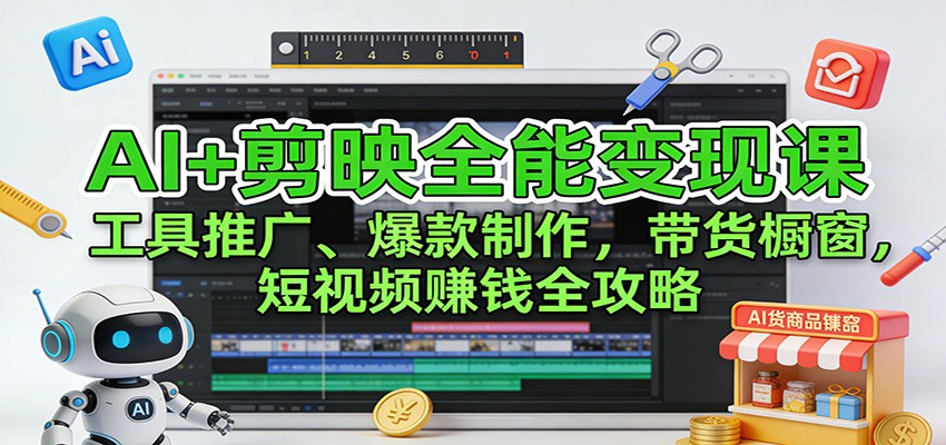 AI+剪映全能变现课：工具推广、爆款制作、带货橱窗，短视频赚钱全攻略网创吧-网创项目资源站-副业项目-创业项目-搞钱项目网创吧