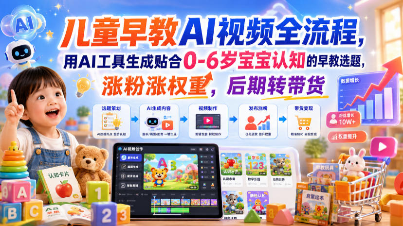 儿童早教AI视频全流程，用AI工具生成贴合0-6岁宝宝认知的早教选题，涨粉涨权重，后期转带货网创吧-网创项目资源站-副业项目-创业项目-搞钱项目网创吧