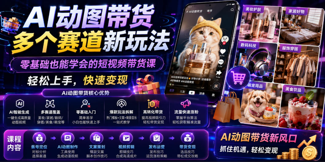 AI动图带货多个赛道新玩法,零基础也能学会的短视频带货课,轻松上手,快速变现网创吧-网创项目资源站-副业项目-创业项目-搞钱项目网创吧