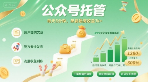 【公众号托管 】我提供文章,你发布,每天5分钟,单篇最高收益1k+【揭秘】网创吧-网创项目资源站-副业项目-创业项目-搞钱项目网创吧