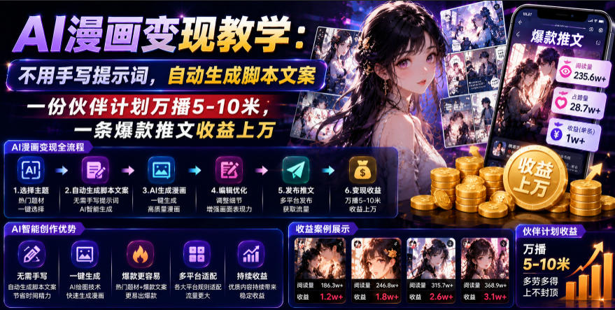 AI漫画变现教学:不用手写提示词,自动生成脚本文案,一份伙伴计划万播5-10米,一条爆款推文收益上W网创吧-网创项目资源站-副业项目-创业项目-搞钱项目网创吧