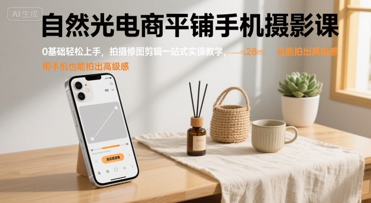 自然光电商平铺手机摄影课,0基础轻松上手,拍摄修图剪辑一站式实操教学,用手机也能拍出高级感网创吧-网创项目资源站-副业项目-创业项目-搞钱项目网创吧