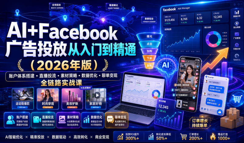 AI+Facebook广告投放从入门到精通（2026年版）｜账户体系搭建・直播投流・素材策略・数据优化・聊单变现全链路实战课网创吧-网创项目资源站-副业项目-创业项目-搞钱项目网创吧