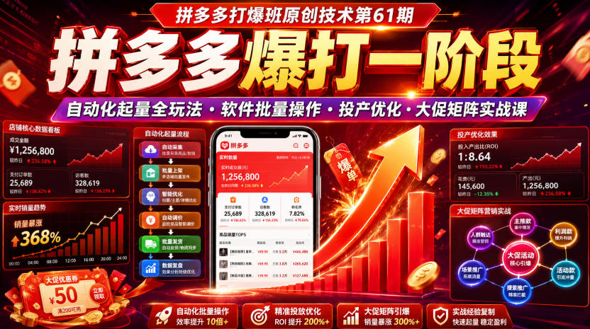 拼多多打爆班原创技术第61期,拼多多爆打一阶段,自动化起量全玩法・软件批量操作・投产优化・大促矩阵实战课网创吧-网创项目资源站-副业项目-创业项目-搞钱项目网创吧