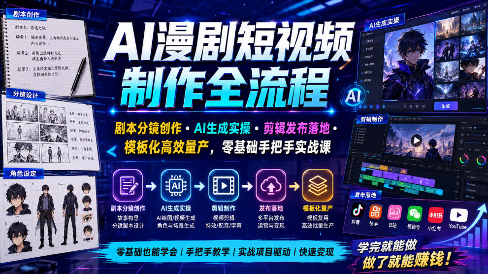AI漫剧短视频制作全流程｜剧本分镜创作・AI生成实操・剪辑发布落地・模板化高效量产，零基础手把手实战课网创吧-网创项目资源站-副业项目-创业项目-搞钱项目网创吧