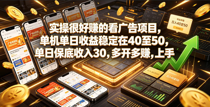实操很好賺的看广告项目，单机单日收益稳定在40至50，单日保底收入30，多开多賺，上手就能变现【揭秘】网创吧-网创项目资源站-副业项目-创业项目-搞钱项目网创吧