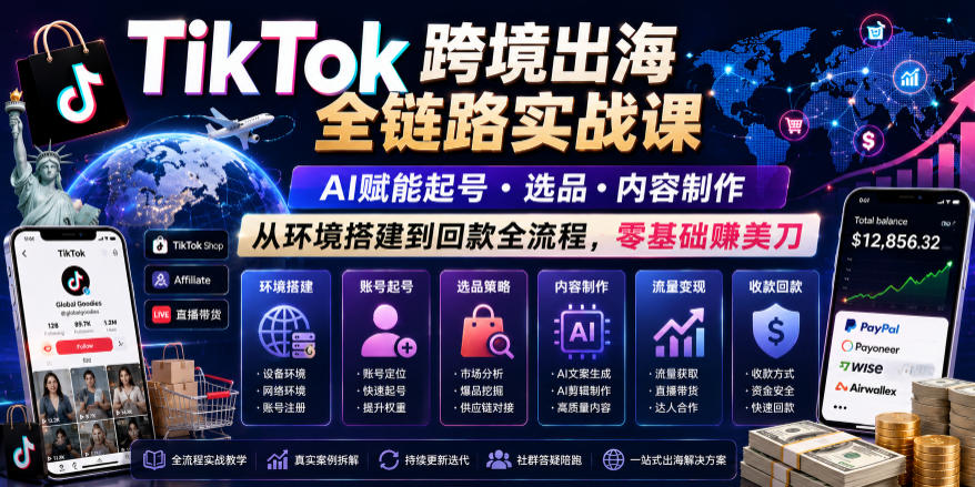 TikTok跨境出海全链路实战课,AI赋能起号・选品・内容制作,从环境搭建到回款全流程,零基础賺美刀网创吧-网创项目资源站-副业项目-创业项目-搞钱项目网创吧