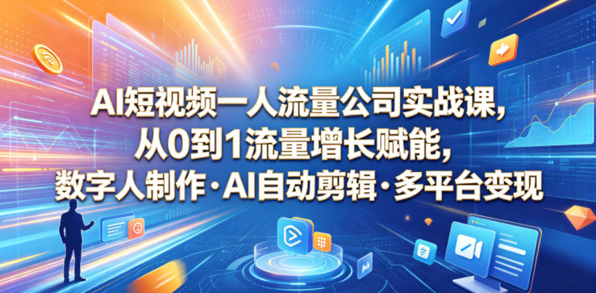 AI短视频一人流量公司实战课,从0到1流量增长赋能,数字人制作・AI自动剪辑・多平台变现,一人做流量生意全落地教程网创吧-网创项目资源站-副业项目-创业项目-搞钱项目网创吧