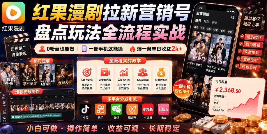 红果漫剧拉新营销号盘点玩法全流程实战，0粉丝也能做，一部手机就能做，爆一条单日收益2k+网创吧-网创项目资源站-副业项目-创业项目-搞钱项目网创吧