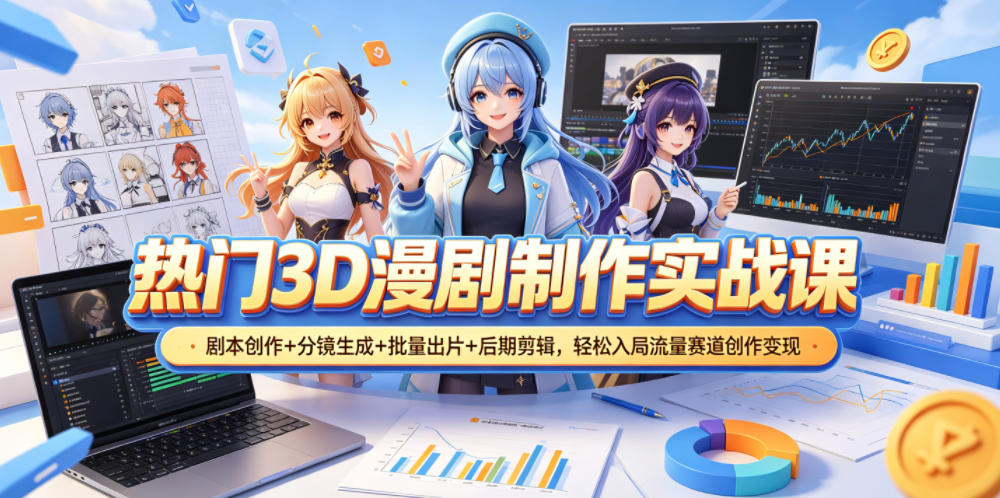 热门3D漫剧制作实战课,剧本创作+分镜生成+批量出片+后期剪辑,轻松入局流量赛道创作变现网创吧-网创项目资源站-副业项目-创业项目-搞钱项目网创吧