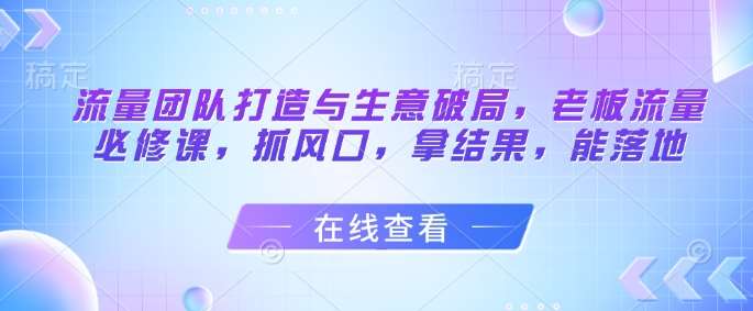 流量团队打造与生意破局，老板流量必修课，抓风口，拿结果，能落地网创吧-网创项目资源站-副业项目-创业项目-搞钱项目网创吧