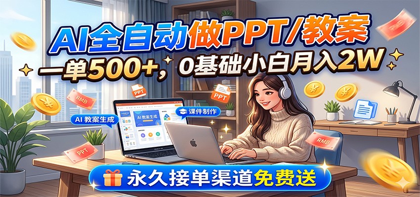 AI全自动做PPT/教案，一单500+，0基础小白月入2W，永久接单渠道免费送网创吧-网创项目资源站-副业项目-创业项目-搞钱项目网创吧