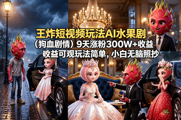 王炸短视频玩法AI水果剧(狗血剧情)9天涨粉300W+收益可观玩法简单,小白无脑照抄,详细拆解玩法网创吧-网创项目资源站-副业项目-创业项目-搞钱项目网创吧