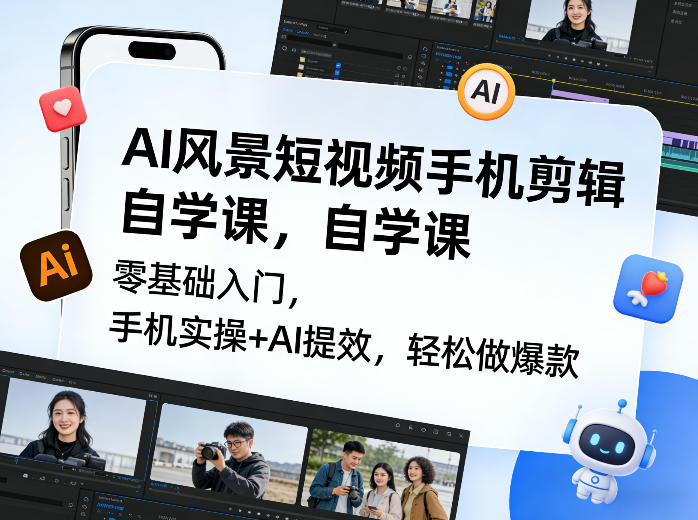 AI风景短视频手机剪辑自学课,零基础入门,手机实操+AI提效,轻松做爆款网创吧-网创项目资源站-副业项目-创业项目-搞钱项目网创吧