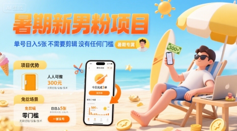 暑期新男粉项目 单号日入5张 不需要剪辑 没有任何门槛网创吧-网创项目资源站-副业项目-创业项目-搞钱项目网创吧
