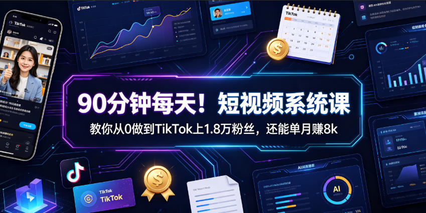 90分钟每天!短视频系统课教你从0做到TikTok上1.8万粉丝,还能单月賺8k【原创双语字幕】网创吧-网创项目资源站-副业项目-创业项目-搞钱项目网创吧