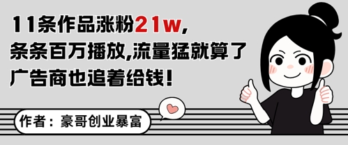 11条作品涨粉21W,条条百W播放,流量猛就算了,广告商也追着给钱网创吧-网创项目资源站-副业项目-创业项目-搞钱项目网创吧