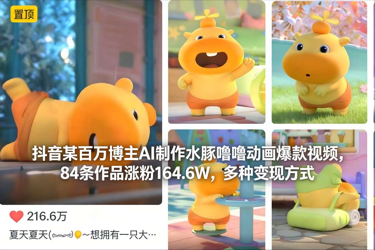 抖音某百万博主AI制作水豚噜噜动画爆款视频,84条作品涨粉164.6W,多种变现方式网创吧-网创项目资源站-副业项目-创业项目-搞钱项目网创吧