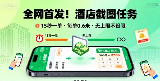 全网首发!酒店截图任务,15秒一单,每单0.6米,任务无上限不设限,矩阵操作单日3张到手【揭秘】网创吧-网创项目资源站-副业项目-创业项目-搞钱项目网创吧