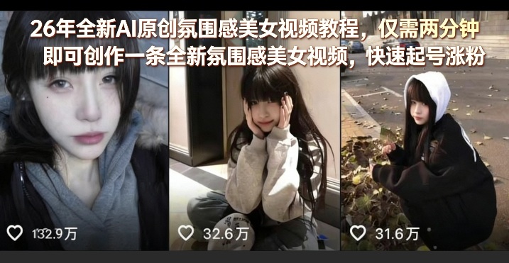 26年全新AI原创氛围感美女视频教程,仅需两分钟即可创作一条全新氛围感美女视频,快速起号涨粉网创吧-网创项目资源站-副业项目-创业项目-搞钱项目网创吧