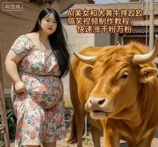 AI美女和大黄牛摔跤搞笑荒诞视频制作教程，快速涨千粉万粉网创吧-网创项目资源站-副业项目-创业项目-搞钱项目网创吧