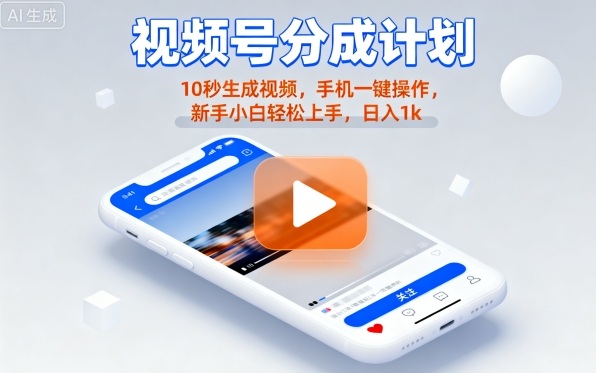 视频号分成计划懒人玩法,10秒生成视频,手机一键操作,新手小白轻松上手,日入1K【揭秘】网创吧-网创项目资源站-副业项目-创业项目-搞钱项目网创吧