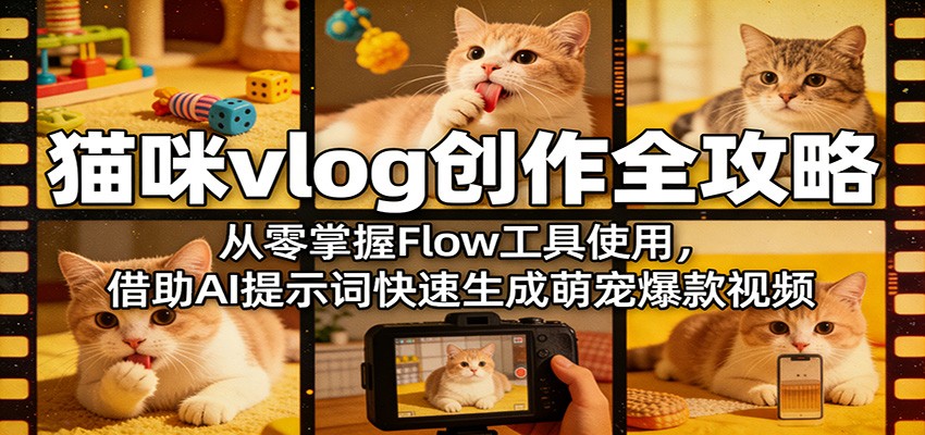 猫咪vlog创作全攻略：从零掌握Flow工具使用，借助AI提示词快速生成萌宠爆款视频网创吧-网创项目资源站-副业项目-创业项目-搞钱项目网创吧